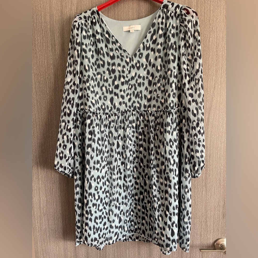 LOFT Gray and Black Leopard Print Long Sleeve Dress